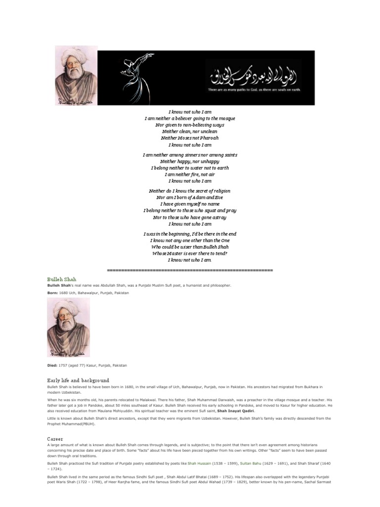 Bulleh Shah I Know Not Who I Am | PDF | Sufism | Religious Behaviour And  Experience, image size:768x1024