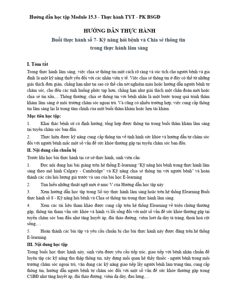 Y2 - M15 - HDHT - Buoi 7. Ky Nang Hoi Benh-Chia Se Thong Tin | PDF