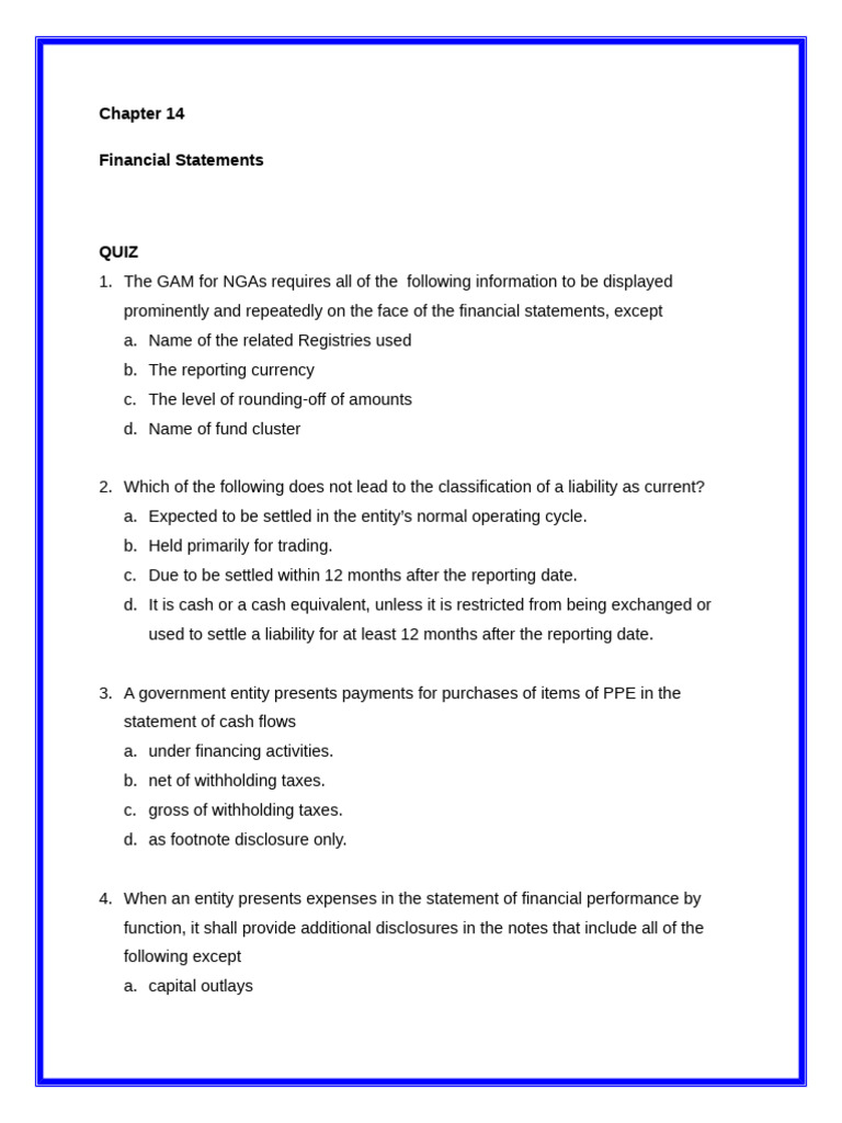 Financial Statements Quiz for NGAs | PDF | Government Budget Balance ...
