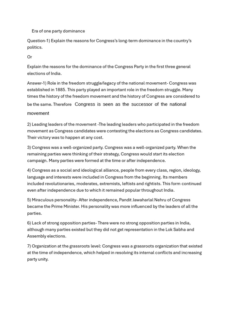 Congress Party's Dominance in Early India | PDF | Indian National ...