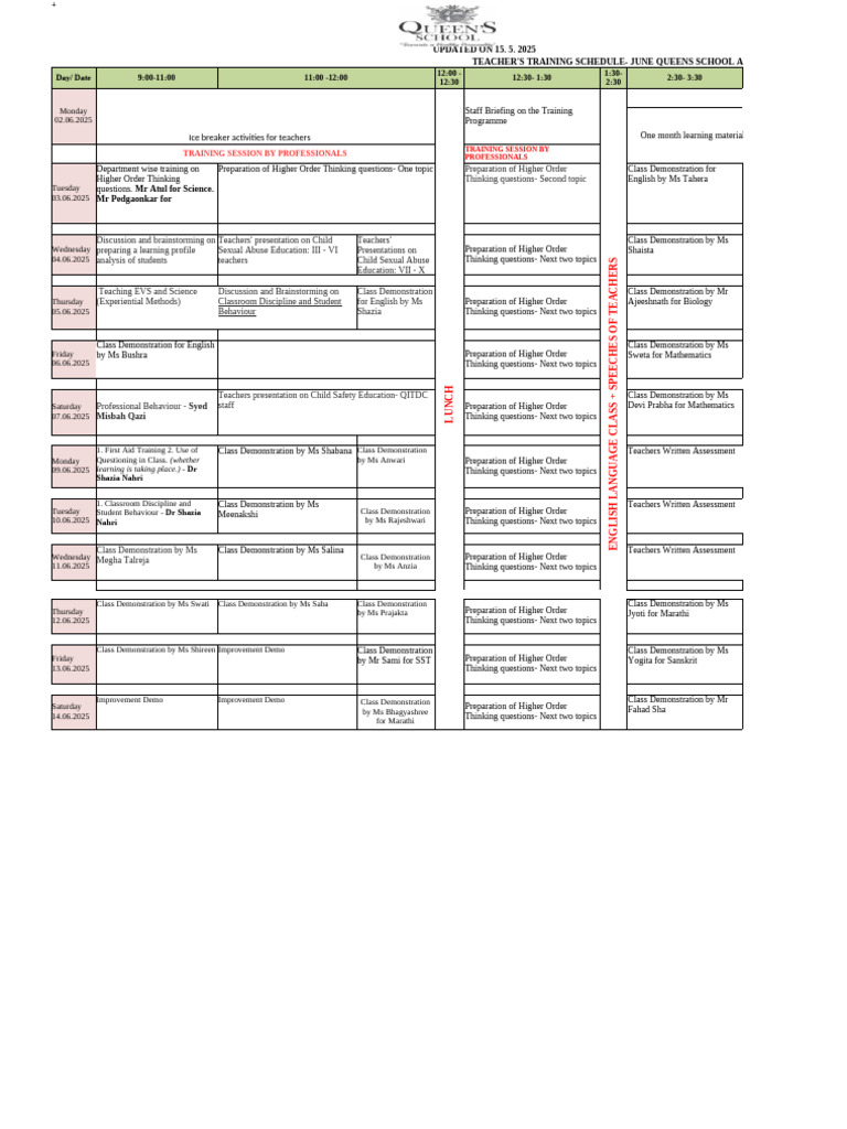 June 2025 Teacher Training Schedule | PDF | Teachers | Behavior ...