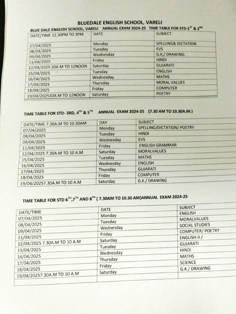 2025 Annual Exam Time Table Pdf