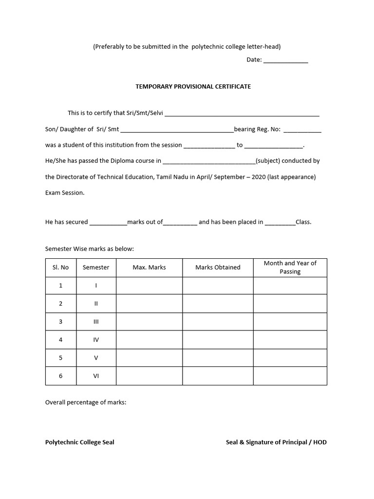Temporary Provisional Model Diploma PDF