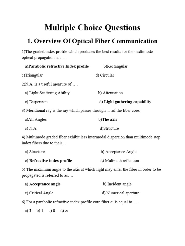 Oc MCQ With Soln | PDF | Optical Fiber | Laser