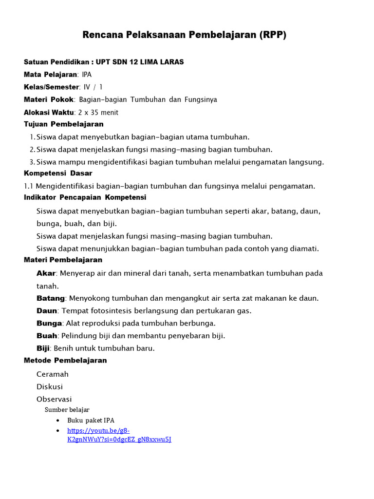 RPP Kelas IV Mapel - Ipa | PDF