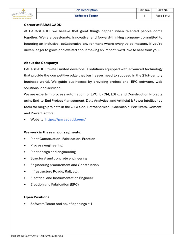 Software Tester Job Description at PARASCADD | PDF | Software Testing ...