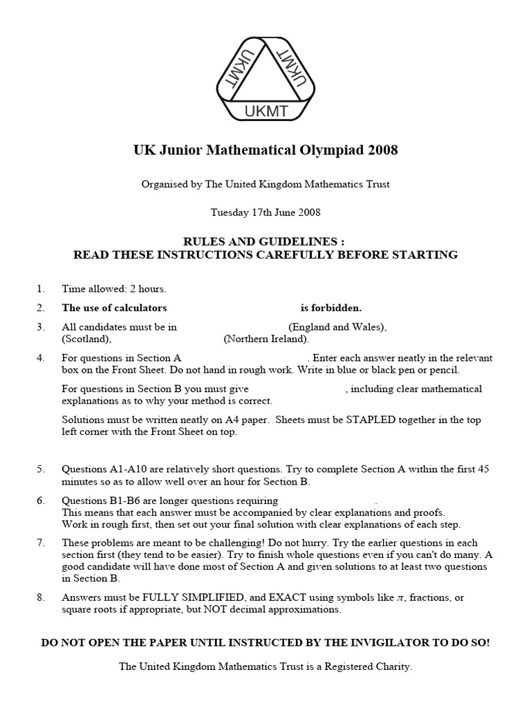 UK Junior Mathematical Olympiad 2008 | PDF | Area | Mathematics