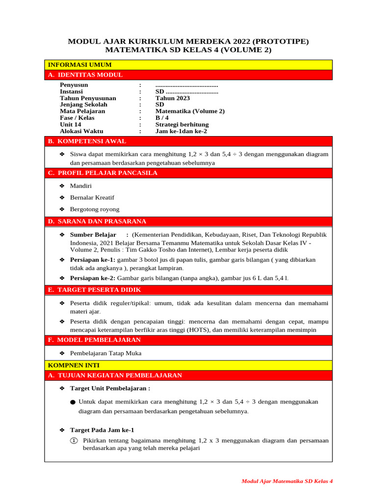 Modul Ajar Matematika Kelas 4 SD | PDF
