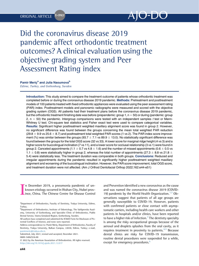 Did The Coronavirus Disease 2019 Pandemic Affect o | PDF | Orthodontics ...