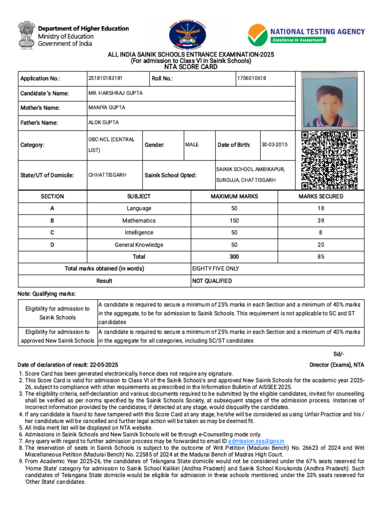 ALL INDIA SAINIK SCHOOLS ENTRANCE EXAM - AISSEE - 2025 - India | PDF