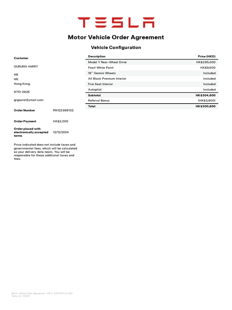 Tesla Vehicle Order Agreement HK | PDF | Fee | Private Law