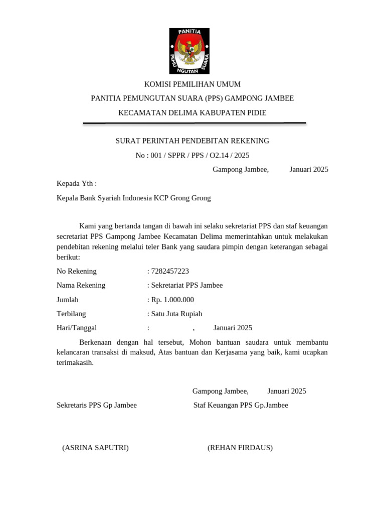 Surat Perintah Pendebitan Rekening PPS Jambee | PDF