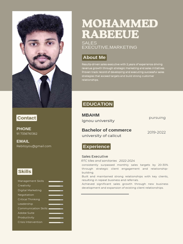 Olive Green and Beige Modern Corporate Sales Executive Resume PDF | PDF