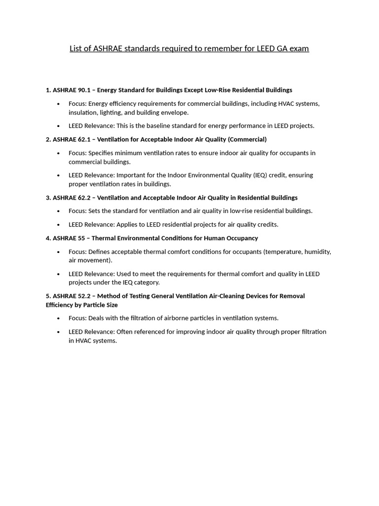 ASHRAE Standards for LEED GA Exam | PDF