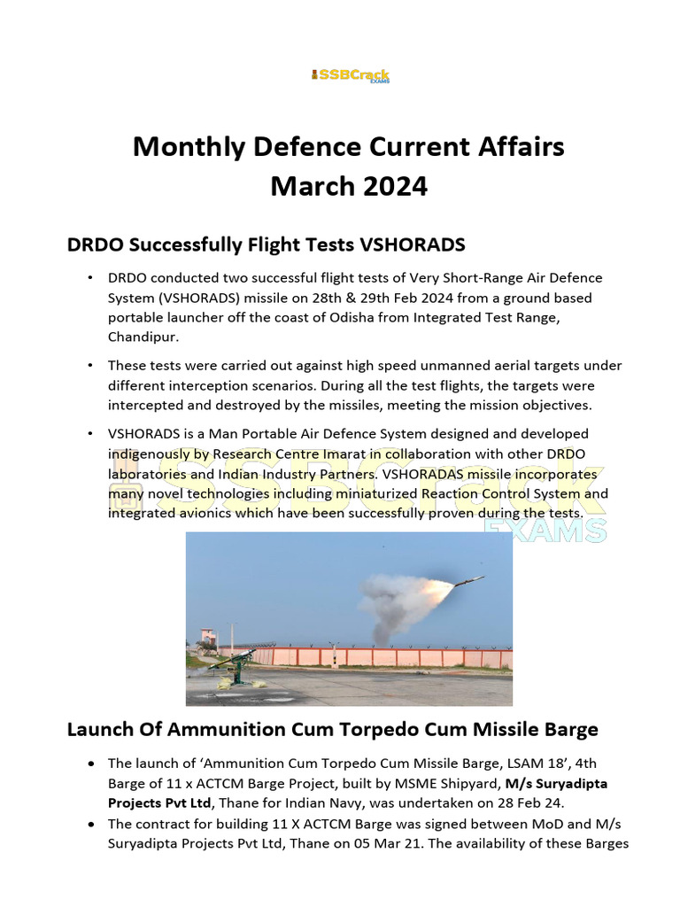 March 2024 Defence Current Affairs Update | PDF