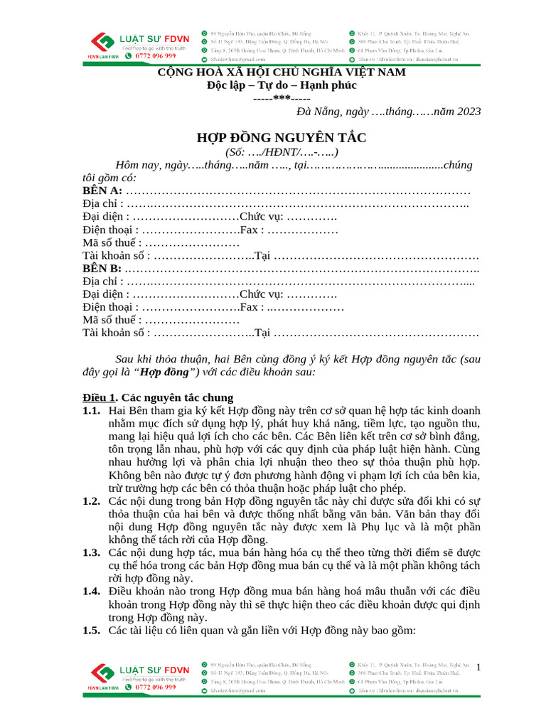 MẪU HỢP ĐỒNG NGUYÊN TẮC MUA BÁN HÀNG HÓA | PDF
