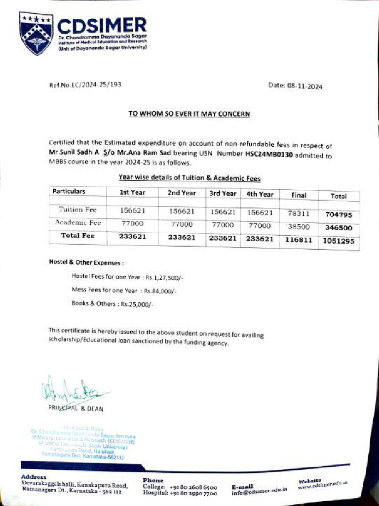CDSIMER MBBS Fee Structure 2024-25 | PDF | Payments | Education Finance