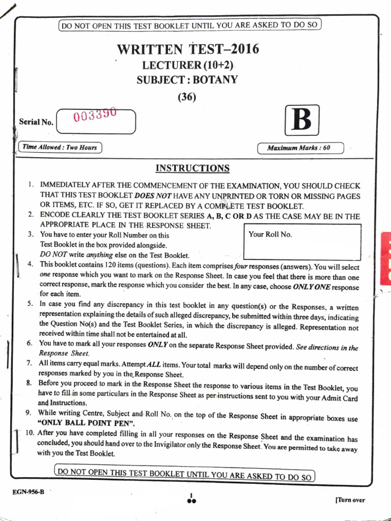 Botany Lecturer Test Booklet 2016 | PDF | Virus | Biodiversity