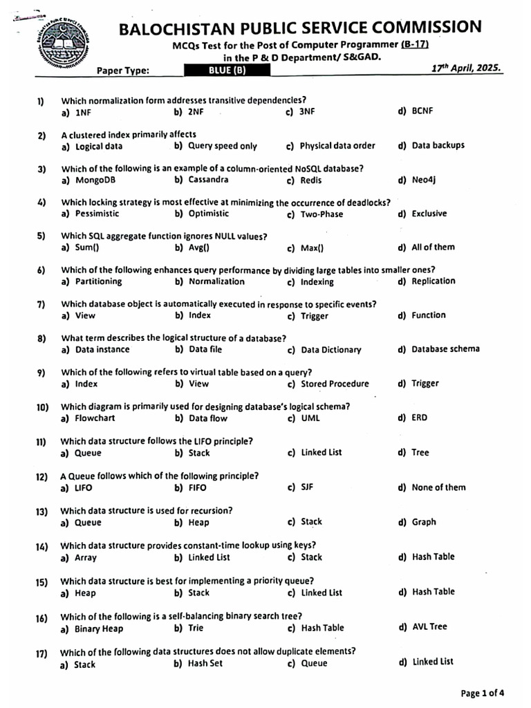 BPSCPaper For The Post of Computer Programmer (B-17) in The P & D ...
