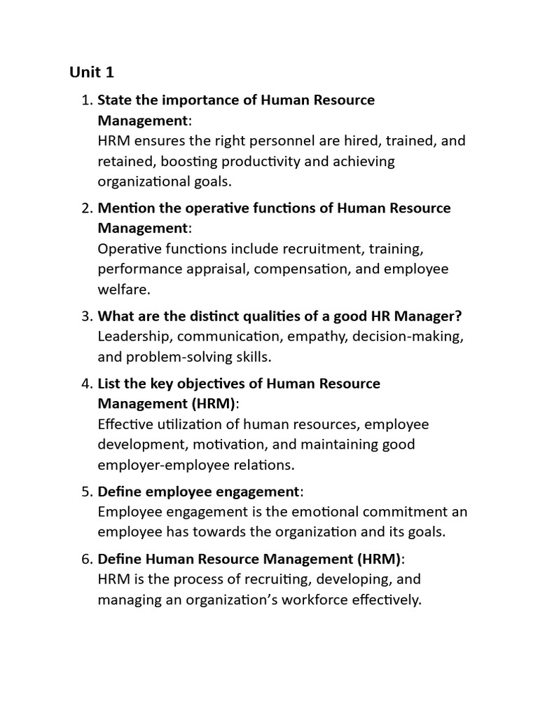 Unit HRM 2 MARKS | PDF | Human Resource Management | Employment