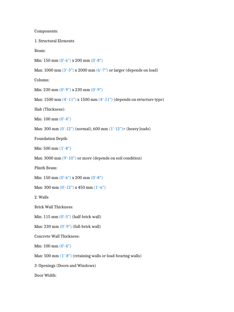 Building Component Size Guidelines | PDF