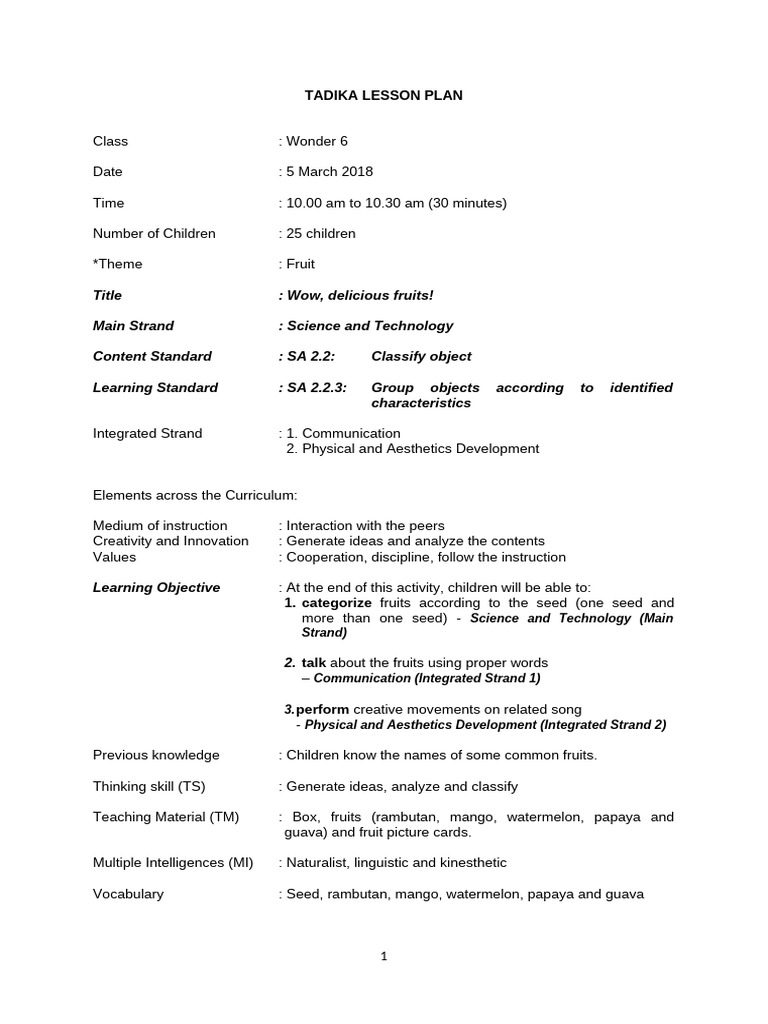 Lesson Plan Tadika New Template | PDF | Intelligence | Behavior ...