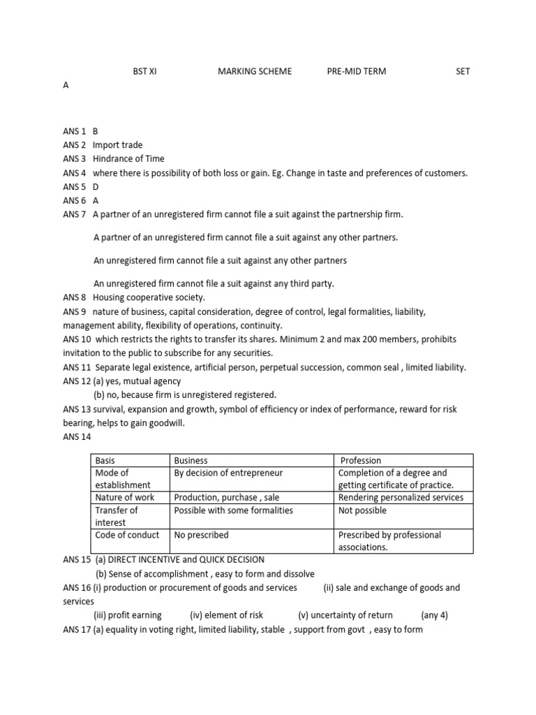 BST Xi Marking Scheme Pre Mid Term Set A 2025-26 | PDF | Private Law ...