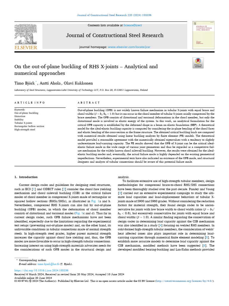 On The Out of Plane Buckling of RHS X Joints - A - 2024 - Journal of ...