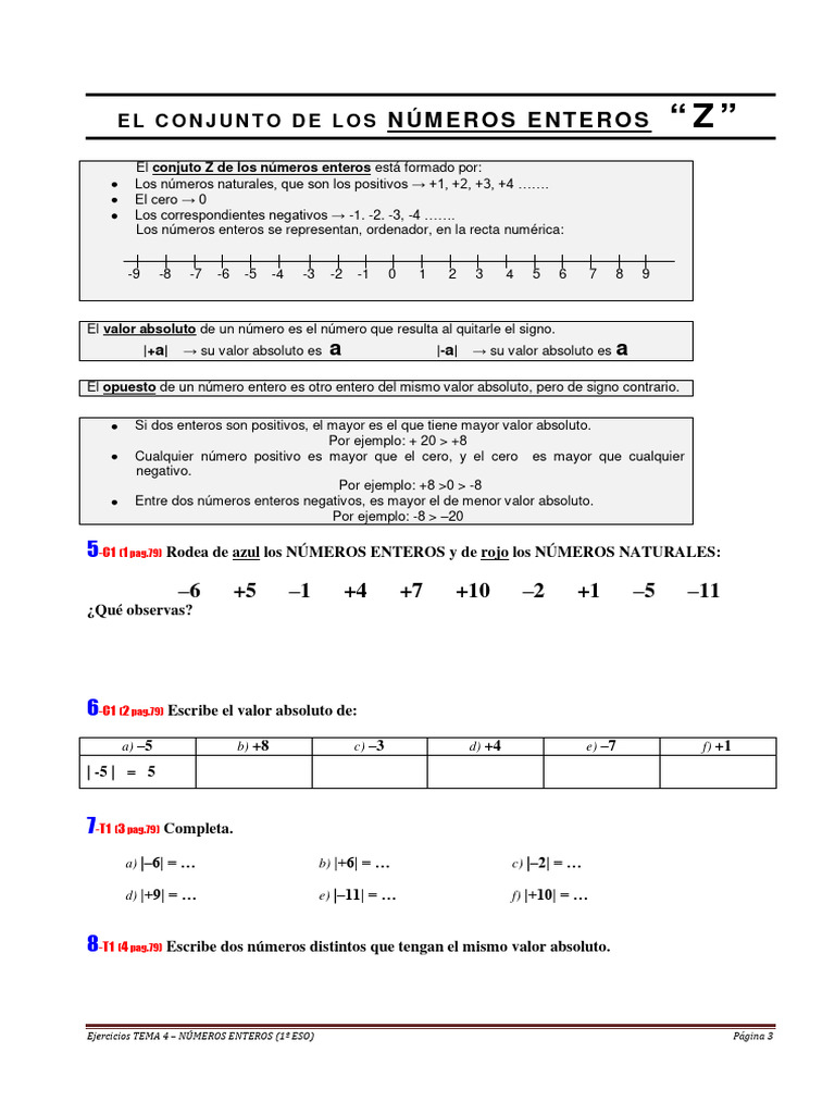 Ejercicios de Números Enteros para 1º ESO | PDF | Entero | Matemáticas