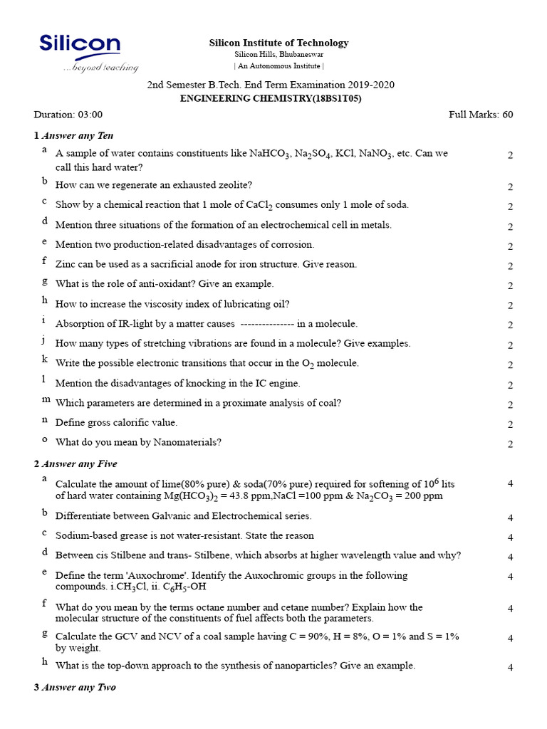 B.Tech Engineering Chemistry Exam 2019-20 | PDF | Electrochemistry ...
