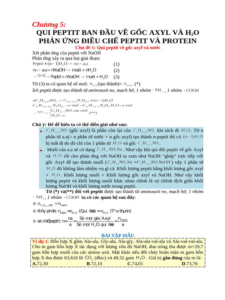 Qui peptit ban đầu về gốc Axyl và H2O phản ứng điều chế Peptit và ...