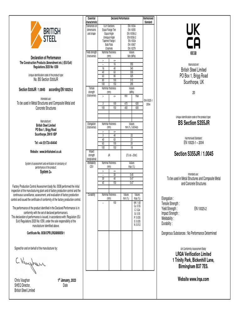 S355JR Steel Declaration of Performance | PDF | Mechanical Engineering