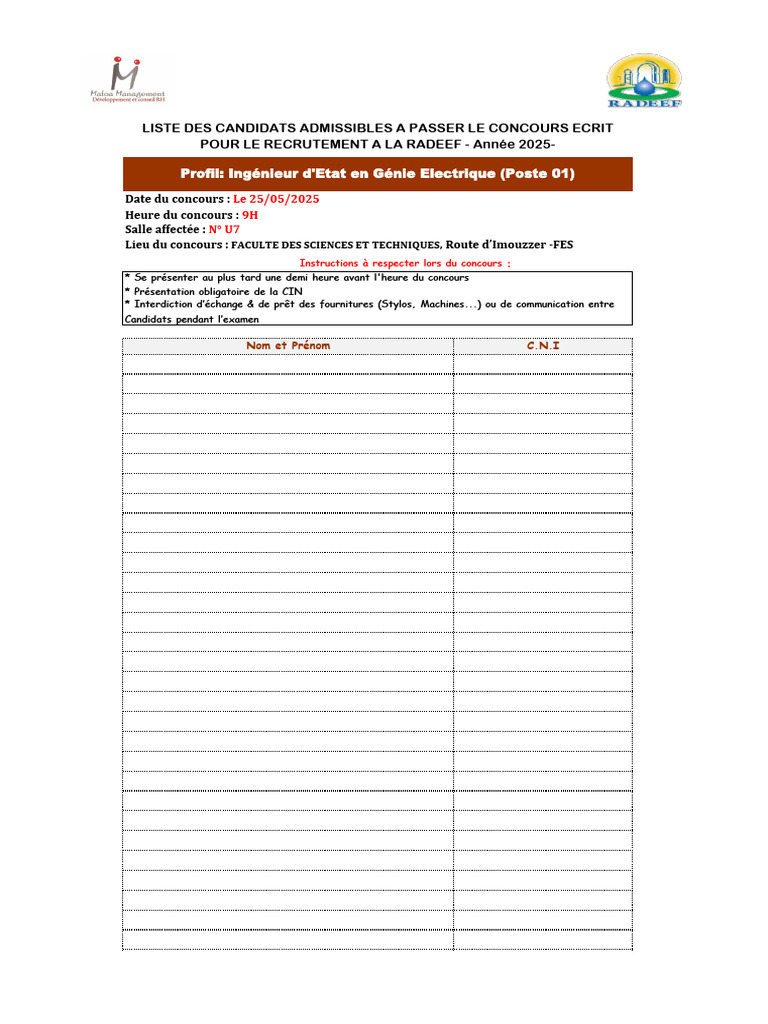 Liste des candidats au concours RADEEF 2025 | PDF