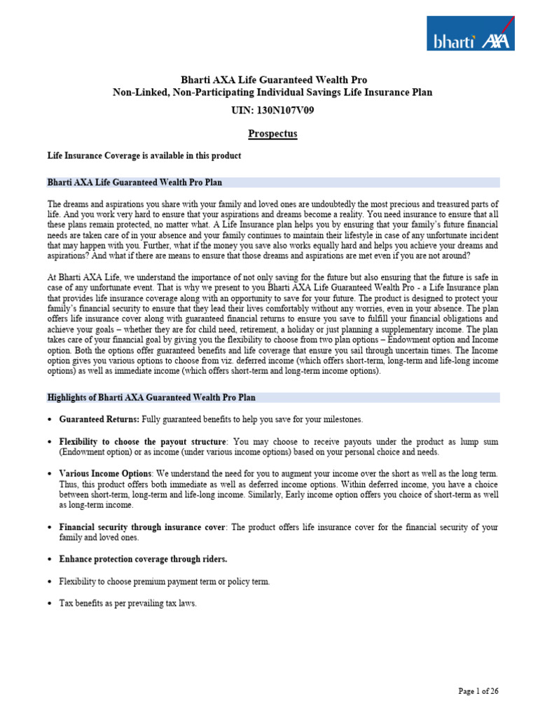 Bharti AXA Guaranteed Wealth Pro Plan | PDF | Insurance | Life Insurance