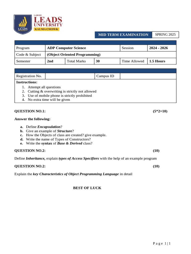 OOPS Question Paper - Anna University 2025 | PDF
