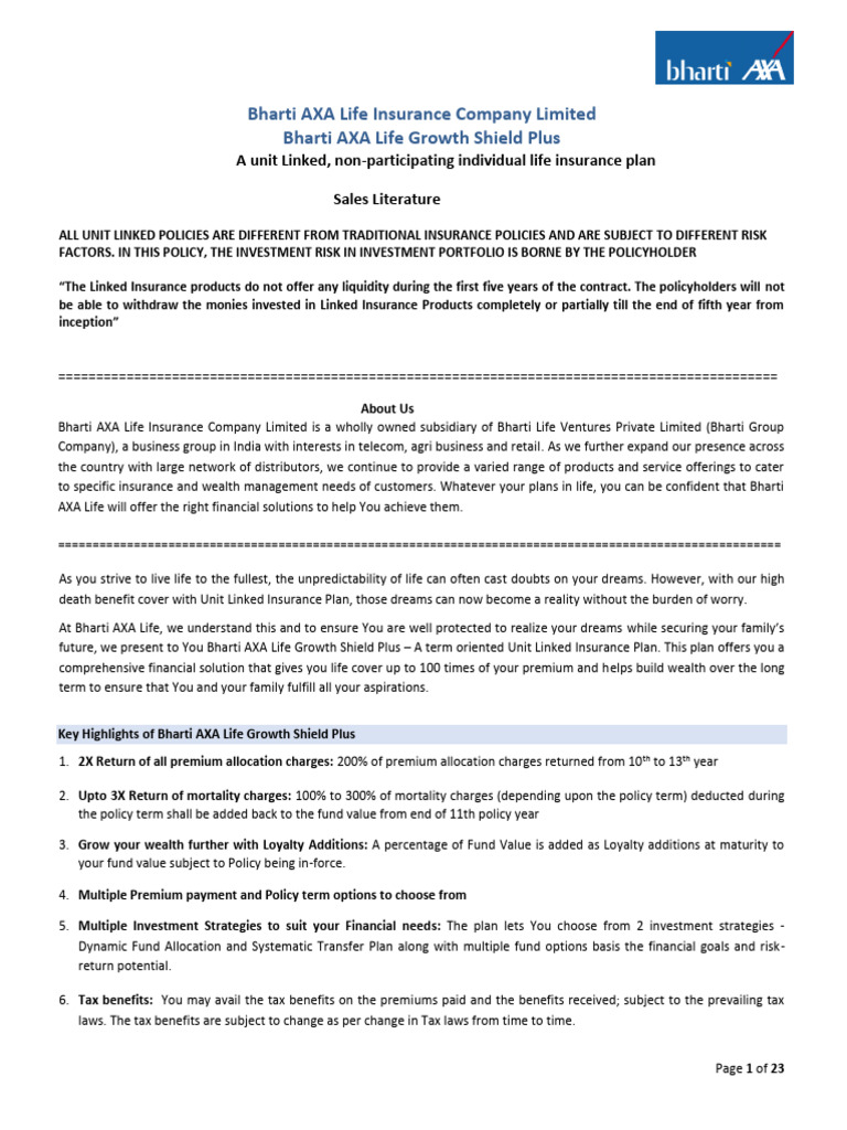 Bharti AXA Life Growth Shield Plus Overview | PDF | Insurance | Money ...