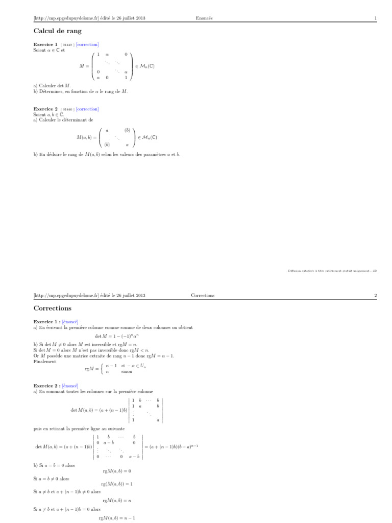 Calcul de rang et déterminants de matrices PDF Mathématiques Algèbre — free download