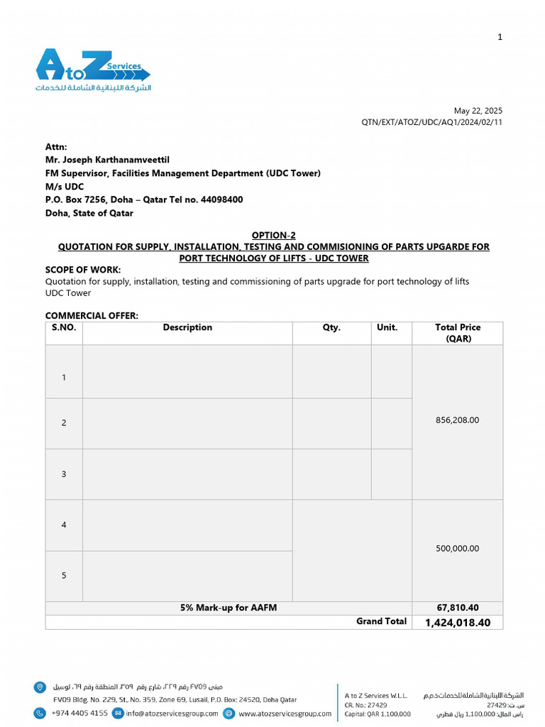 A To Z Quotation For Option - 2 Supply, Testing and Commissioning of ...