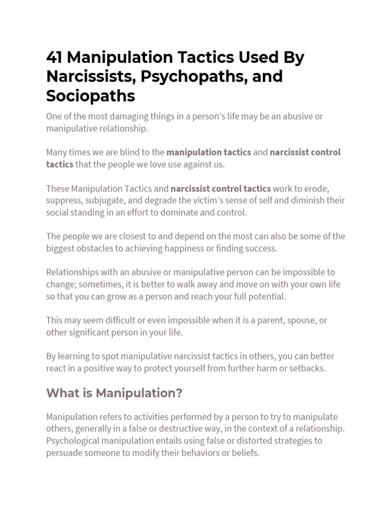 Narcissist Manipulation Tactics Explained | PDF | Narcissism | Lie