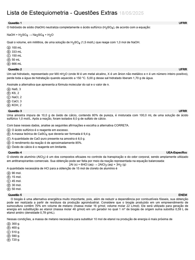 Questões de Estequiometria ENEM | PDF | Ácido sulfúrico | Dióxido de ...