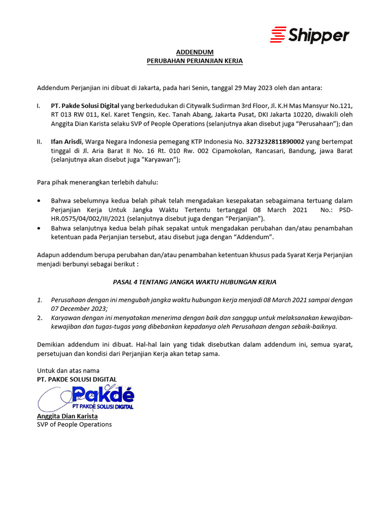 Addendum Perubahan Perjanjian Kerja | PDF