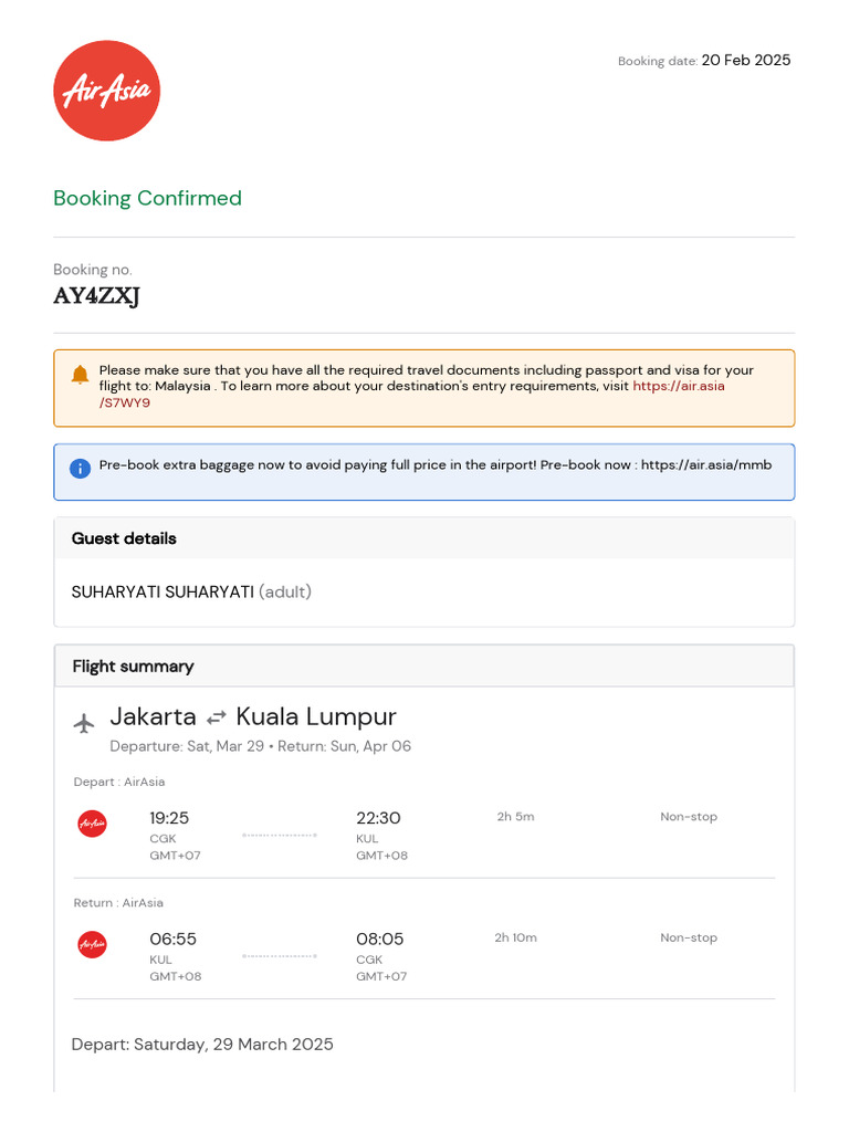 Itinerary Airasia Cgkkulcgk 11426161219 Suharyati | PDF