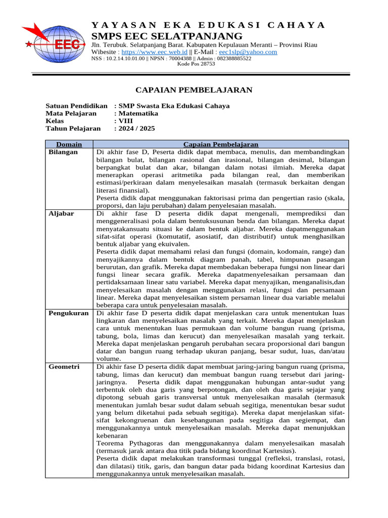 Capaian Pembelajaran SMP EEC Selatpanjang | PDF