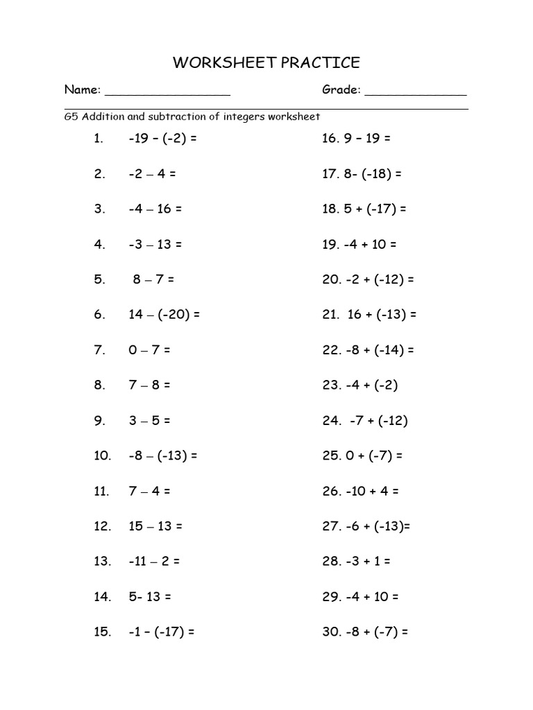 G5 Integer Addition & Subtraction Worksheet | PDF