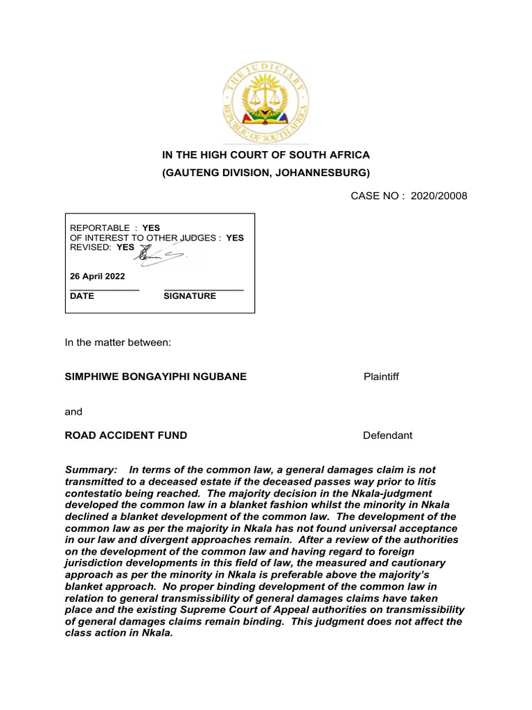 General Damages Claim Transmissibility Ruling | PDF | Damages | Common Law