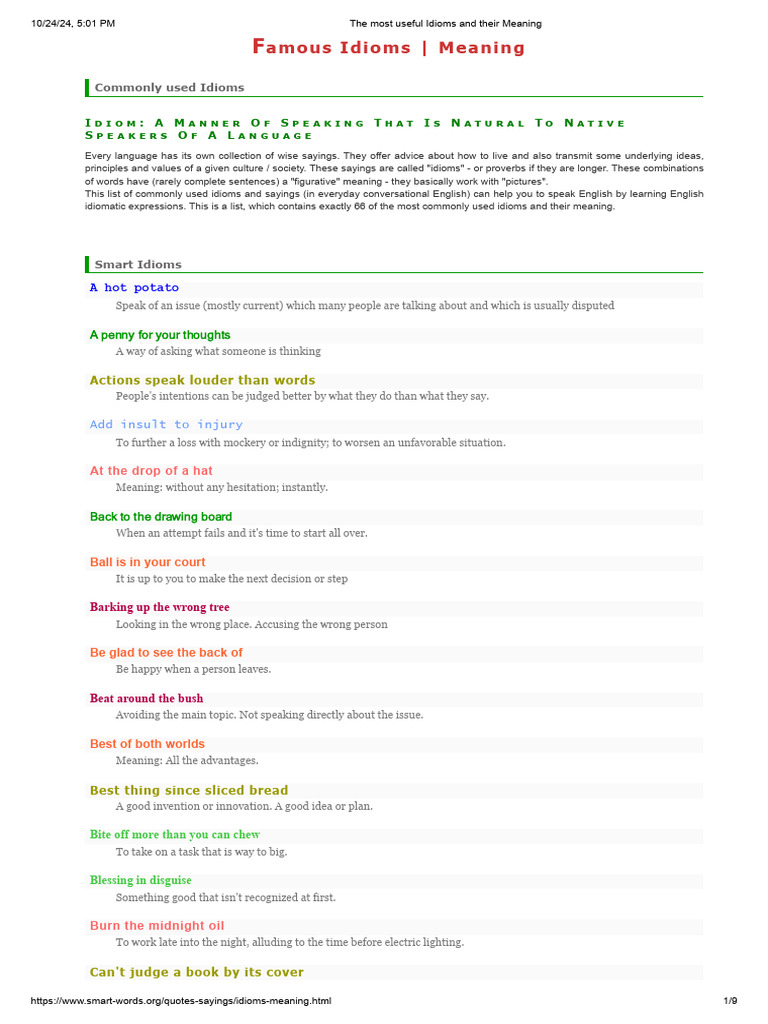 The Most Useful Idioms and Their Meaning | PDF | Idiom | English Language