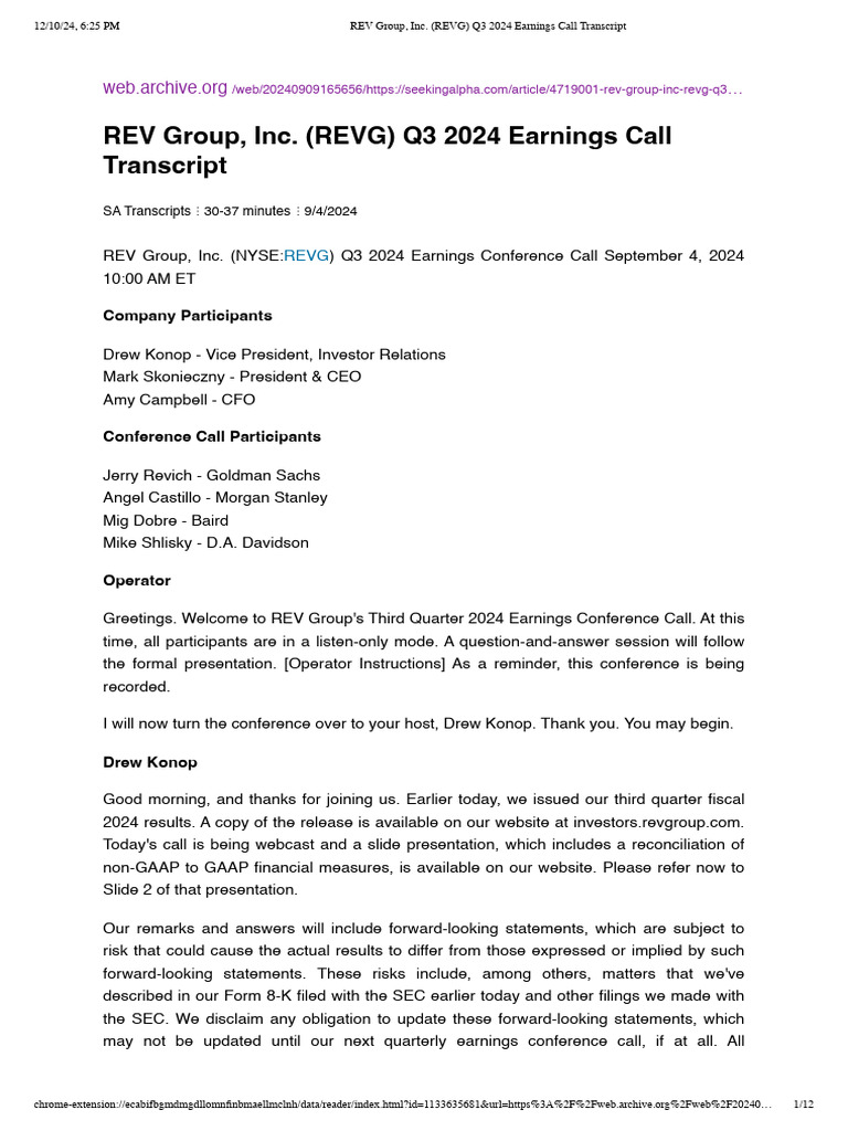 REV Group, Inc. (REVG) Q3 2024 Earnings Call Transcript - Reader View ...