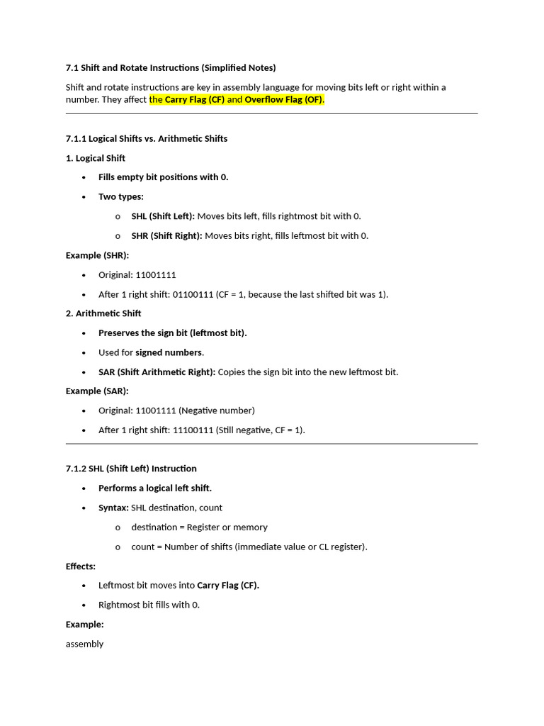 Shift and Rotate Instructions Guide | PDF | Assembly Language | Integer ...