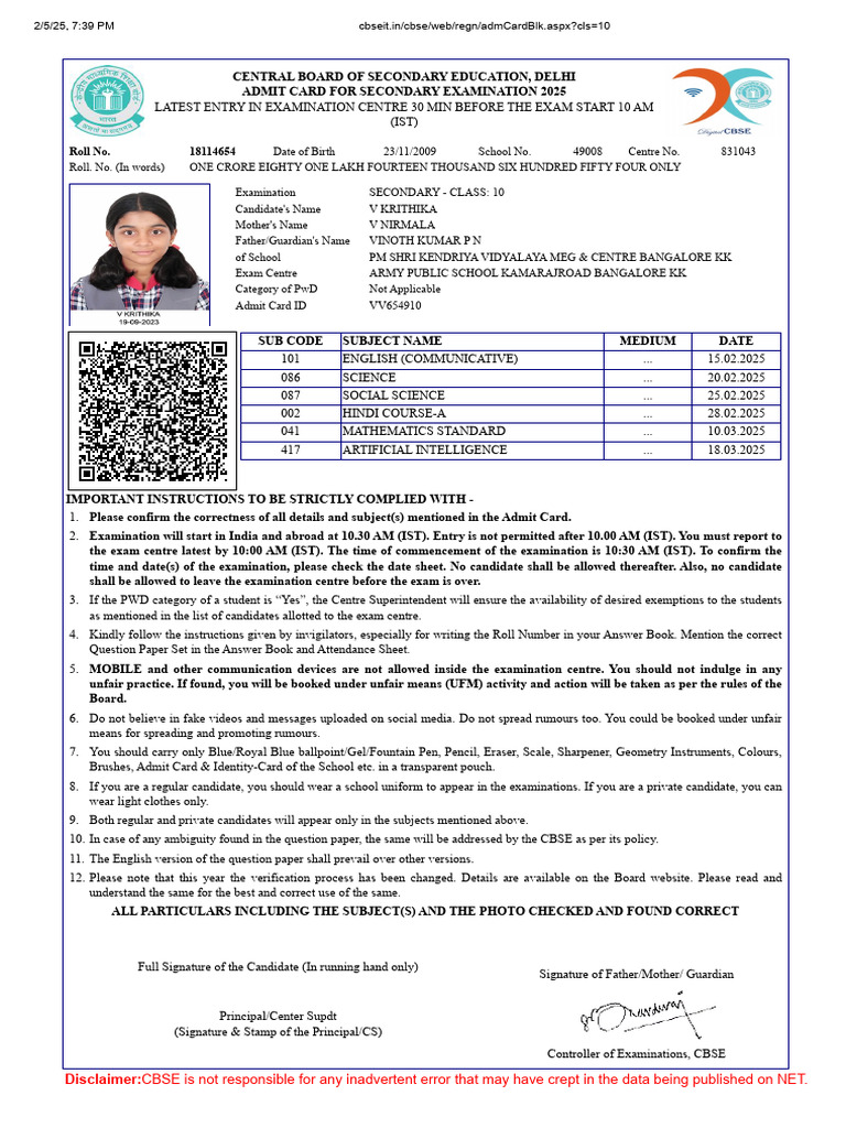 CBSE Class 10 Admit Card 2025 | PDF | Pencil