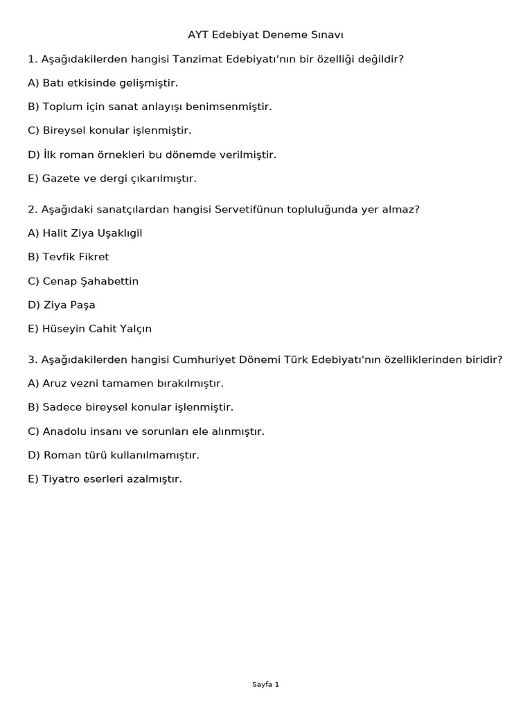 AYT Edebiyat Deneme 1-1 | PDF